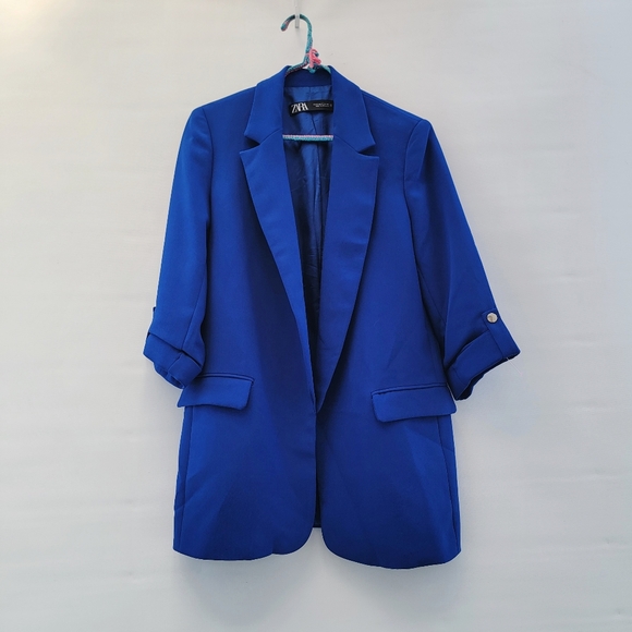 Zara Blazer Cobalt Blue Womens Size Medium Preppy Bold Open Front Workwear - Picture 4 of 16